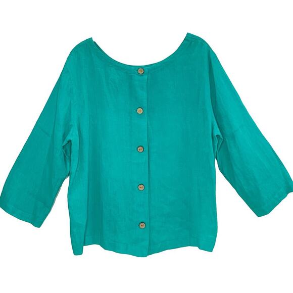 NICOLE MILLER NY 100% Linen Top Large Turquoise Teal Blue Tunic Back Buttons EUC - Picture 2 of 6